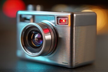 Macro shot of a vintage camera with a modern lens and a sleek, retro design, featuring a metallic silver finish and a red recording light in focus.
