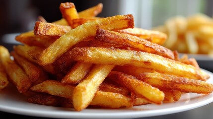a close-up of a plate of crispy french fries with golden edges on a white isolated background, crunchy and savory design