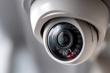 Close-up of a modern white security camera with a red light, providing surveillance for safety and protection in homes, offices, and public spaces.