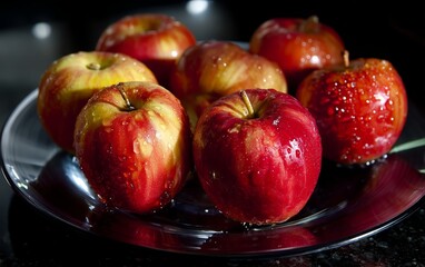 Apples with Water Droplets on Glass Plate