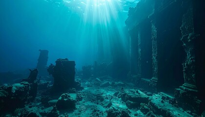 Obraz premium Abandoned underwater city ruins with light beams slicing through murky depths