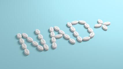 Word NAD+ made up of many white tablets on blue background. Concept of anti-aging therapy and life extension. 3d render, illustration