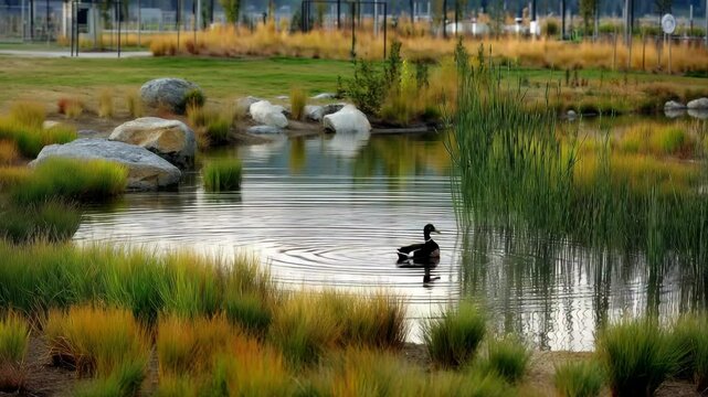 Duck swims peacefully in a serene park pond surrounded by greenery and rocks at sunset