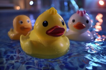 Three rubber ducks are floating on the water with blue tile background, the light behind is out of focus, creating a bokeh effect, adding a whimsical and playful touch.