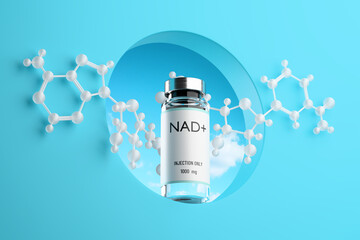 Bottom view of molecular structure NAD+ and ampoule with solution for injection in the hole on blue background. Concept of anti-aging therapy and life extension. 3d render, illustration.