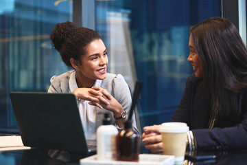 Employees, night and laptop for proposal in office, talking and online for research collaboration. Business women, speaking and website for project update, progress and discuss opportunity for deal