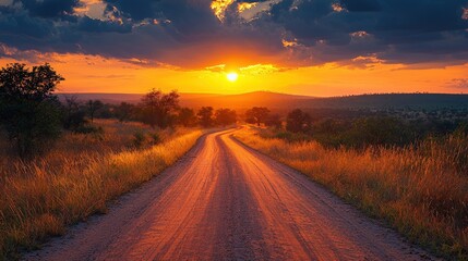 Dirt road nature scene at vibrant sunset. Orange and yellow tones. Wild grass lines the path leading into the horizon at dusk.