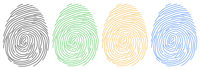 Fingerprints, set of colored fingerprints. 3D rendering isolated on transparent background