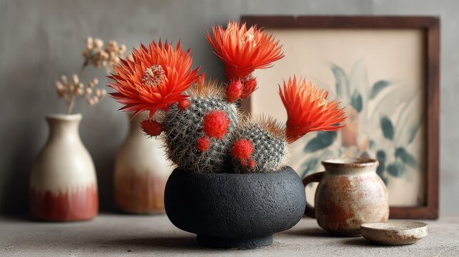 Blooming Acanthocalycium thionanthum cactus with red flowers in minimalist decor setup