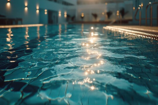 Tranquil blue swimming pool water with light reflections creating a peaceful atmosphere, at luxury spa resort on warm summer night, beautiful relaxation time