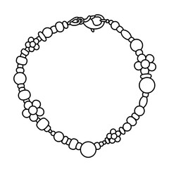 Kawaii jewelry bracelet coloring page in black and white. Comfy and stylish design with beads and flowers. Bold easy coloring page perfect for kids, toddlers, teens, and jewelry lovers.