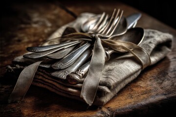 Elegant arrangement of vintage silverware tied with a ribbon on rustic wooden surface, displaying antique cutlery set for a special occasion with subtle details.