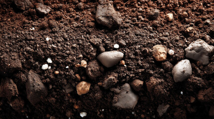 Widok z bliska na ciemnobrązową glebę ze skałami i teksturą