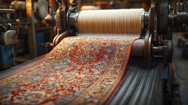 Traditional textile manufacturing process showcasing intricate carpet weaving techniques