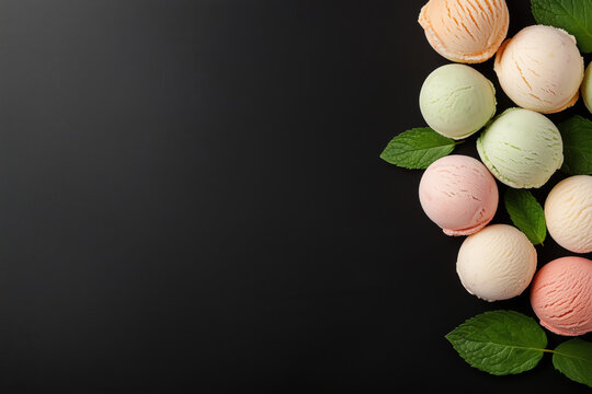 Kolorowe kulki lod&oacute;w na ciemnym tle z liśćmi mięty