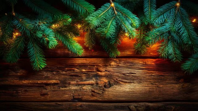 Festive pine branches adorned with lights above a rustic wooden surface create a cozy holiday atmosphere