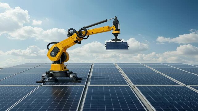 Automated robotic arm installing solar panel on large array. Technology for construction and renewable energy. Industrial automation video. Future of solar power production.