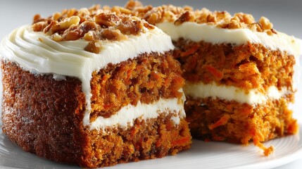 Fototapeta premium a close-up of a rich slice of carrot cake with cream cheese frosting on a white isolated background, moist and indulgent design