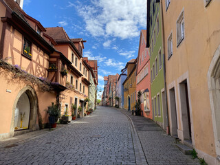 street view of medieval german town Rottenburg with traditional timbered houses