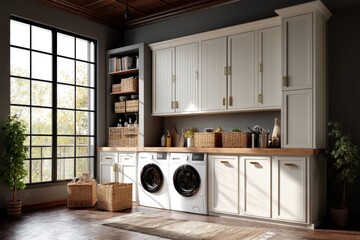 Bright and spacious laundry room with modern appliances, custom cabinetry and large window flooding the room with natural light and a warm, inviting atmosphere.