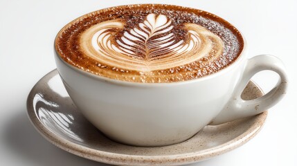 a steaming cup of freshly brewed cappuccino with a beautiful latte art on top on a white isolated background, smooth and aromatic design