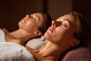 Naklejka premium Two serene women are lying side by side, enjoying a relaxing spa treatment with soft lighting, wrapped in towels and ready for ultimate tranquility and relaxation.