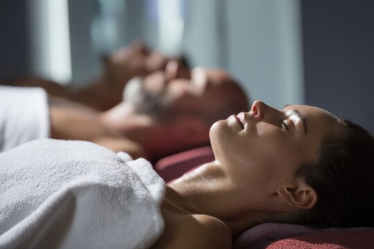 A peaceful spa treatment with diverse people relaxing and rejuvenating with face masks, wrapped in white towels and lying down on massage tables under soft light.