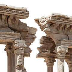 Aged stone ruins with cracked pillars and carvings, historical architecture remains, clear background --v 7.0