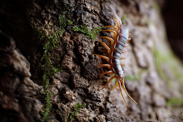 Fototapeta premium A centipede climbing on a tree trunk, its legs gripping tightly as it moves upward. The shot captures the insects body in sharp focus, with the rough bark texture visible.