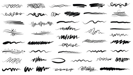 Collection of vector brush strokes lines underlines hand drawn design elements set for emphasis text