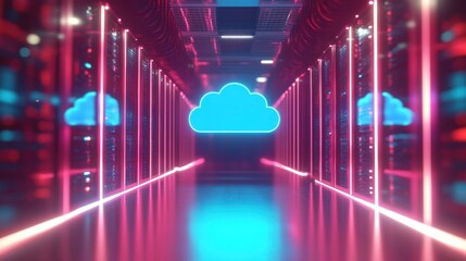 Obraz premium Cloud data center servers, neon lights, digital storage