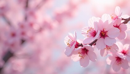 Obraz premium Delicate pink sakura blossoms, full bloom, soft pastel background, spring, fabric
