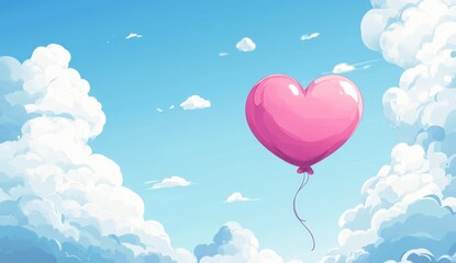 Pink heart balloon floats in a beautiful sky filled with fluffy clouds