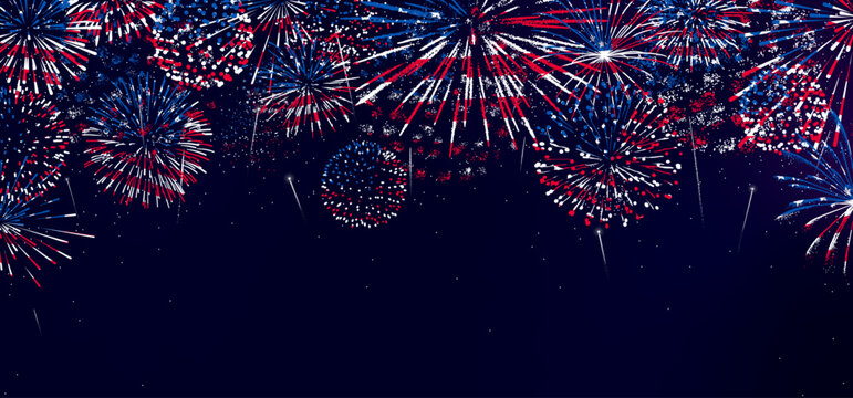 4th of July background, USA fireworks border, American flag