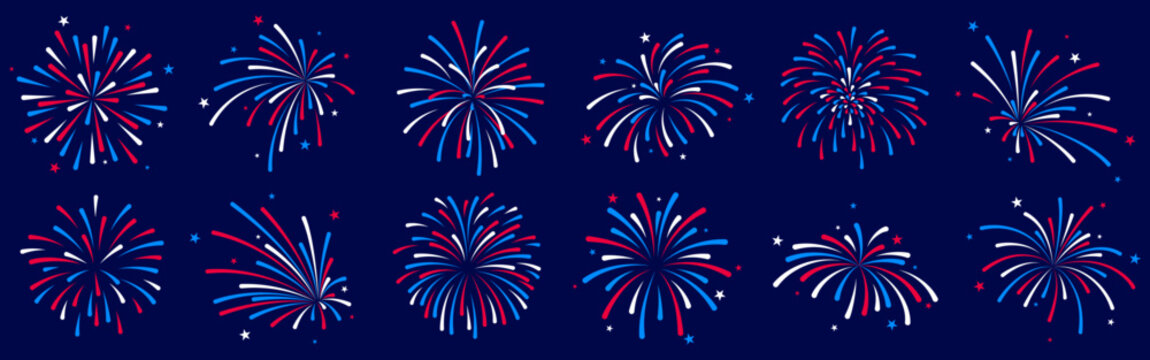 USA fireworks set, 4th July fireworks icons, blue and red