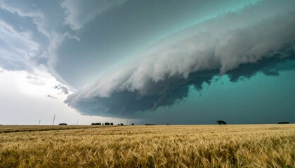 Rare supercell thunderstorm forming over golden wheat fields