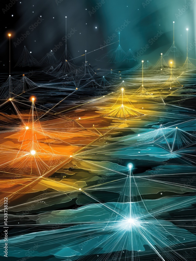 Poster Network of Bots Transmitting Light Across a Digital Landscape Filled With Vivid Colors and Patterns