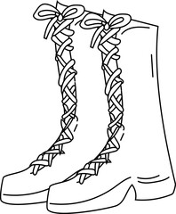 Hand-drawn illustration of classic witch boots in black and white minimalist style, ideal for Halloween and fantasy themes.