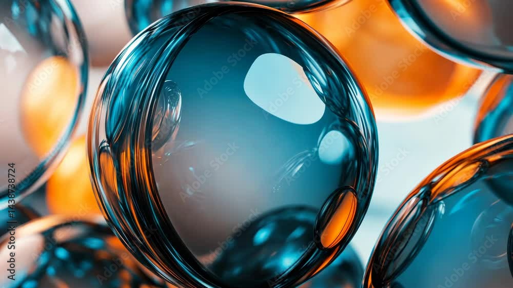 Wall mural dynamic movement of translucent orbs reflecting light patterns in blue and orange hues