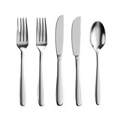 Shiny silver cutlery set isolated on elegant dinnerware 3d fork food tool on transparent background