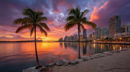 Obraz premium Dramatic sunset over Miami city skyline reflected in calm water, with palm trees