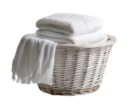 White cotton blankets in a wicker laundry basket on soft home wash cozy on transparent background