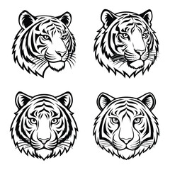 Four Black and White Tiger Head Illustrations