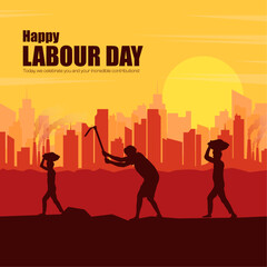 Fototapeta premium Happy Labour Day Social Media Post Design with Illustration of Workers Silhouette infront of Cityscape. 1st May a Special day for Workers.
