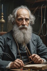Portrait of Elderly Scientist or Inventor with Abstract Connections