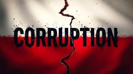 A haunting digital artwork of Poland's flag in decay, its white and red stripes faded. The word "CORRUPTION" appears shattered against the distressed backdrop, with gritty textures and moody lighting 