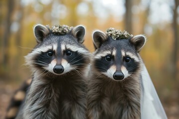 Obraz premium Raccoons celebrate their wedding day adorned with flowers in a charming outdoor setting 
