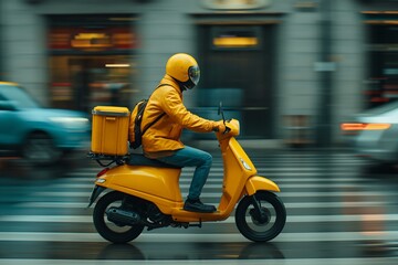 Delivery rider on yellow scooter navigating city streets in motion during daylight hours, fast delivery