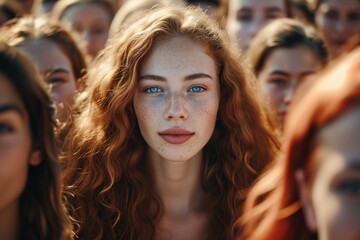 Fototapeta premium Captivating red-haired woman stands out in a crowd of women with diverse hairstyles and expressions outdoors