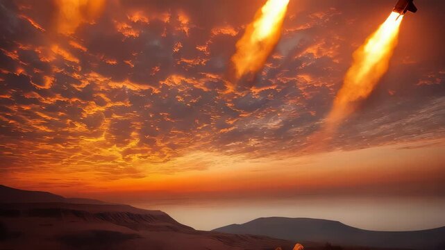 Missiles launch into the sky during a dramatic sunset near a military training ground